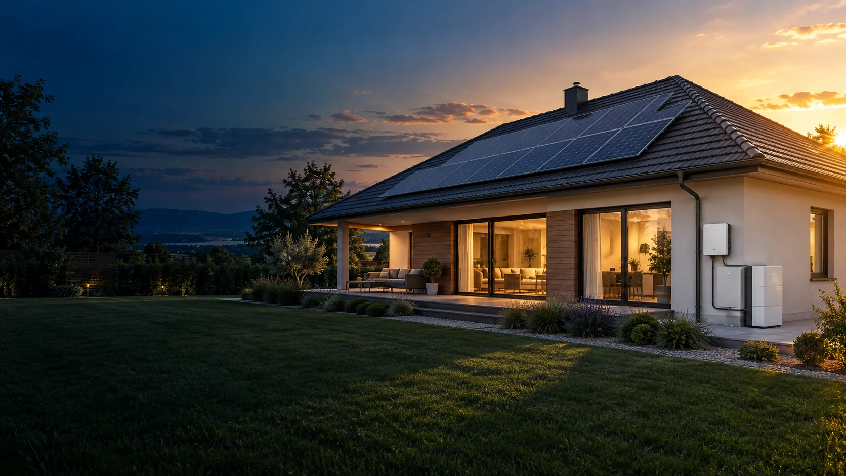 Napelemmel és energiatárolóval felszerelt családi ház – illusztráció